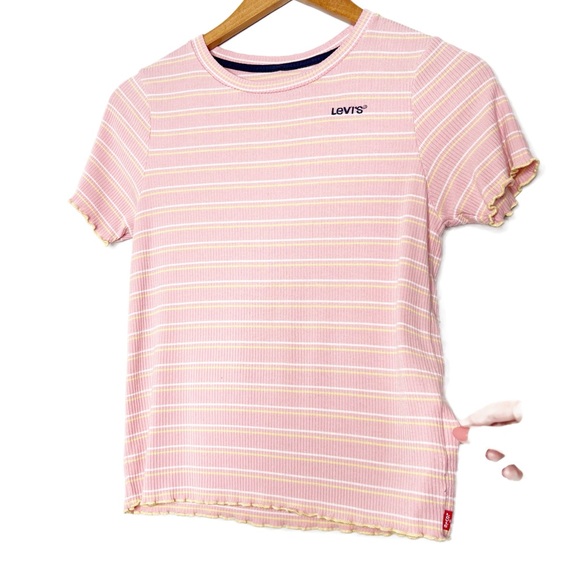 Levi's Pink White Yellow Stripe Ribbed Lettuce Trim T Shirt Top Juniors - Picture 4 of 16